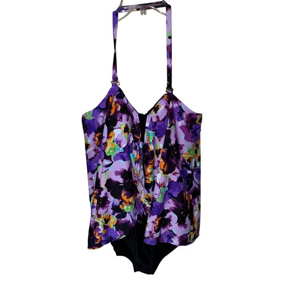 St. Tropez Swimsuit Womens 20W Swim Fly Away Tie Front Pansy Floral Halter Neck - Picture 4 of 9